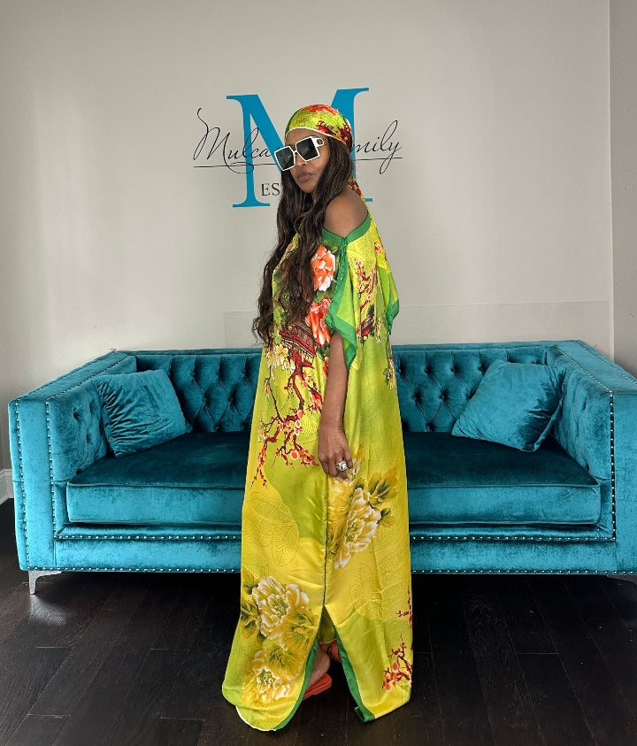 Vacation Vibes Kaftan Maxi Dress with Matching Scarf -  Green Gold Orange Blend Ships 6/12