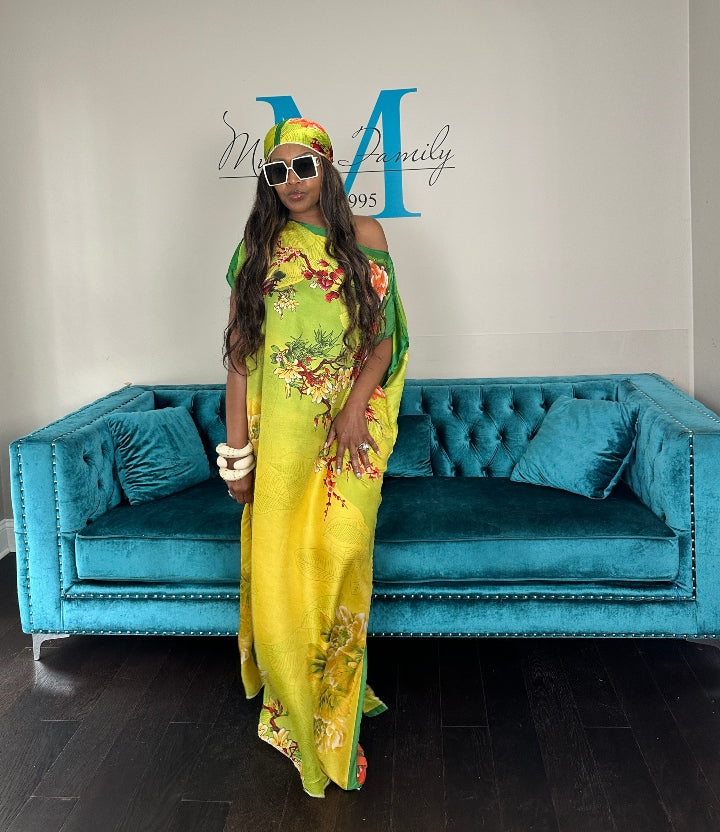Vacation Vibes Kaftan Maxi Dress with Matching Scarf -  Green Gold Orange Blend Ships 6/12