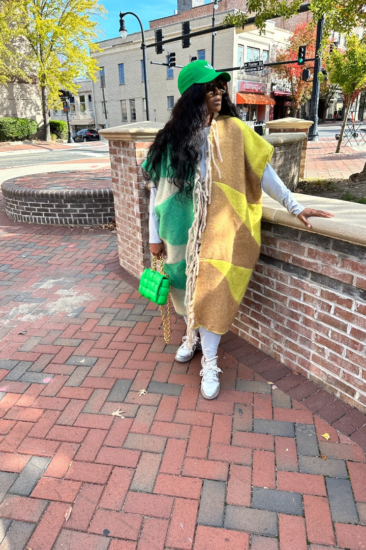 RESTOCKED Rich Auntie Mixed Print Winter Open Front Corded Kimono -Green Yellow and Tan Blend