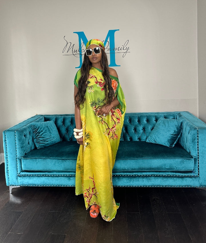 Vacation Vibes Kaftan Maxi Dress with Matching Scarf -  Green Gold Orange Blend Ships 6/12