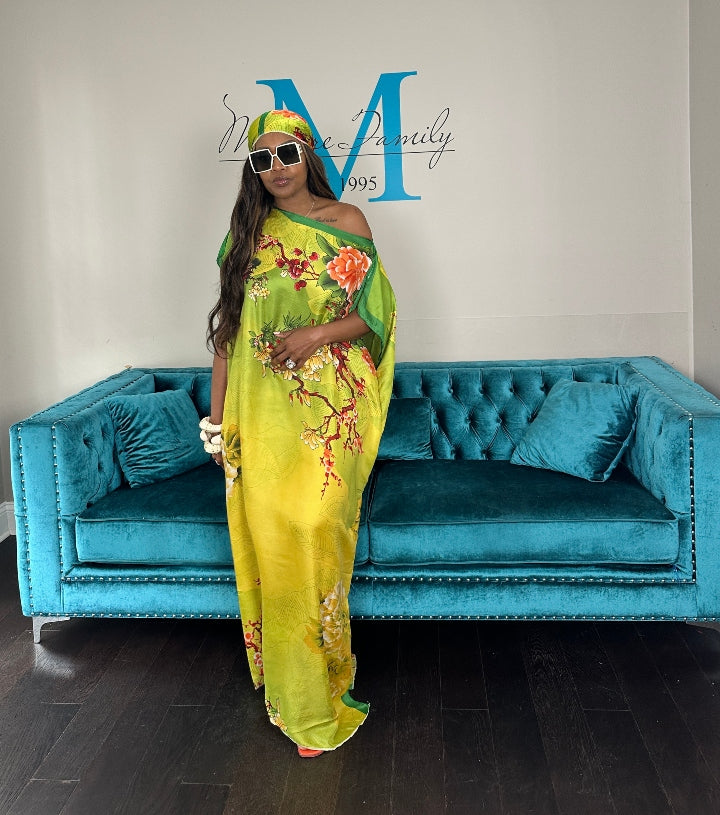Vacation Vibes Kaftan Maxi Dress with Matching Scarf -  Green Gold Orange Blend Ships 6/12