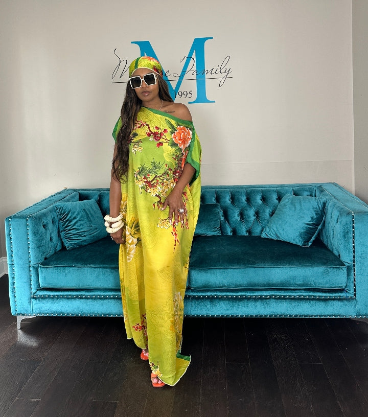 Vacation Vibes Kaftan Maxi Dress with Matching Scarf -  Green Gold Orange Blend Ships 6/12