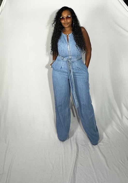 Denim zip front jumpsuit deals