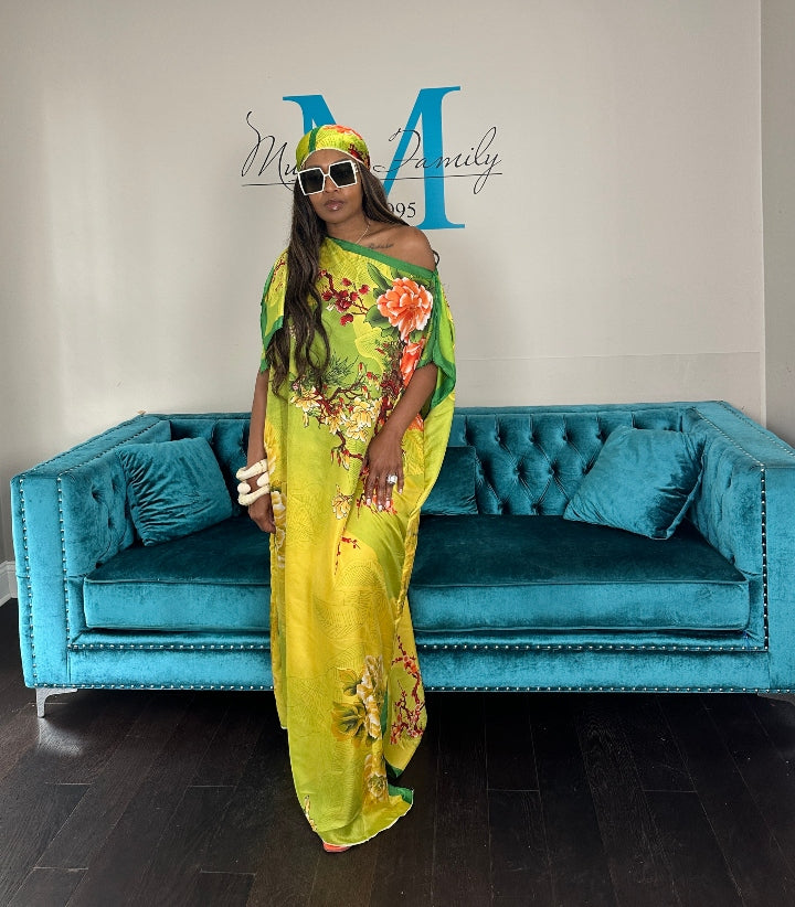 Vacation Vibes Kaftan Maxi Dress with Matching Scarf -  Green Gold Orange Blend Ships 6/12