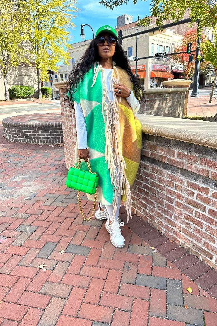 RESTOCKED Rich Auntie Mixed Print Winter Open Front Corded Kimono -Green Yellow and Tan Blend