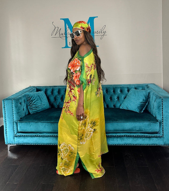 Vacation Vibes Kaftan Maxi Dress with Matching Scarf -  Green Gold Orange Blend Ships 6/12