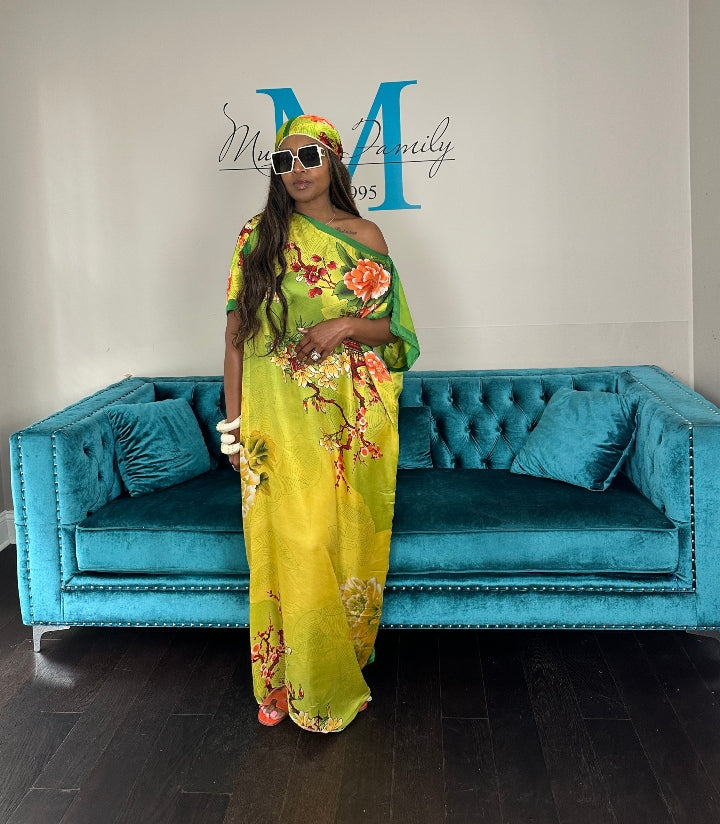 Vacation Vibes Kaftan Maxi Dress with Matching Scarf -  Green Gold Orange Blend Ships 6/12