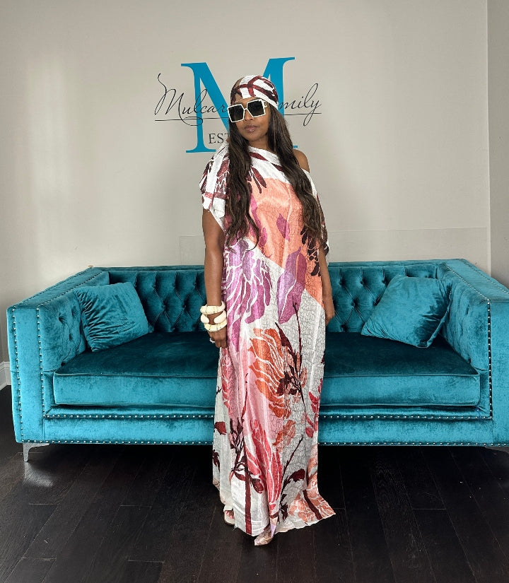Vacation Vibes Kaftan Maxi Dress with Matching Scarf -  Cream Fuchsia Orange Burgundy  Blend Ships 6/12