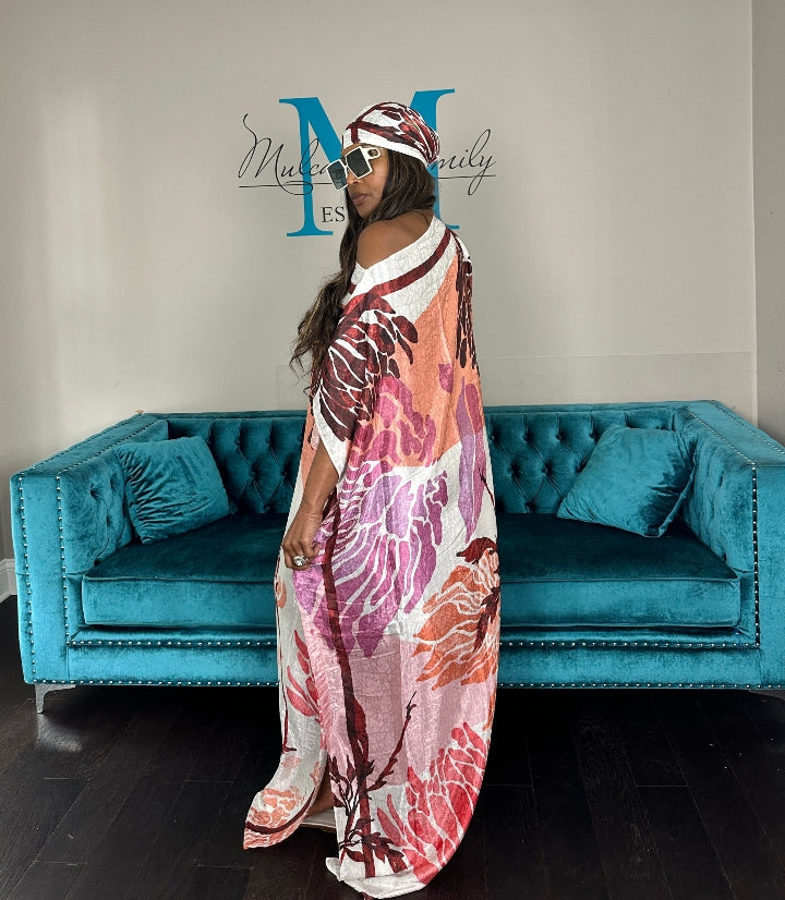Vacation Vibes Kaftan Maxi Dress with Matching Scarf -  Cream Fuchsia Orange Burgundy  Blend Ships 6/12