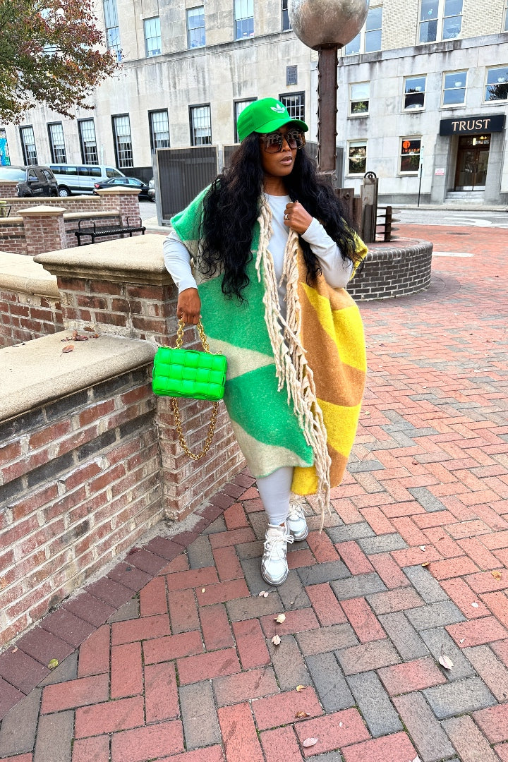 RESTOCKED Rich Auntie Mixed Print Winter Open Front Corded Kimono -Green Yellow and Tan Blend