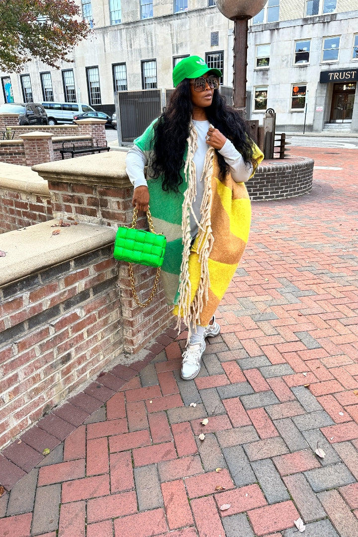 RESTOCKED Rich Auntie Mixed Print Winter Open Front Corded Kimono -Green Yellow and Tan Blend