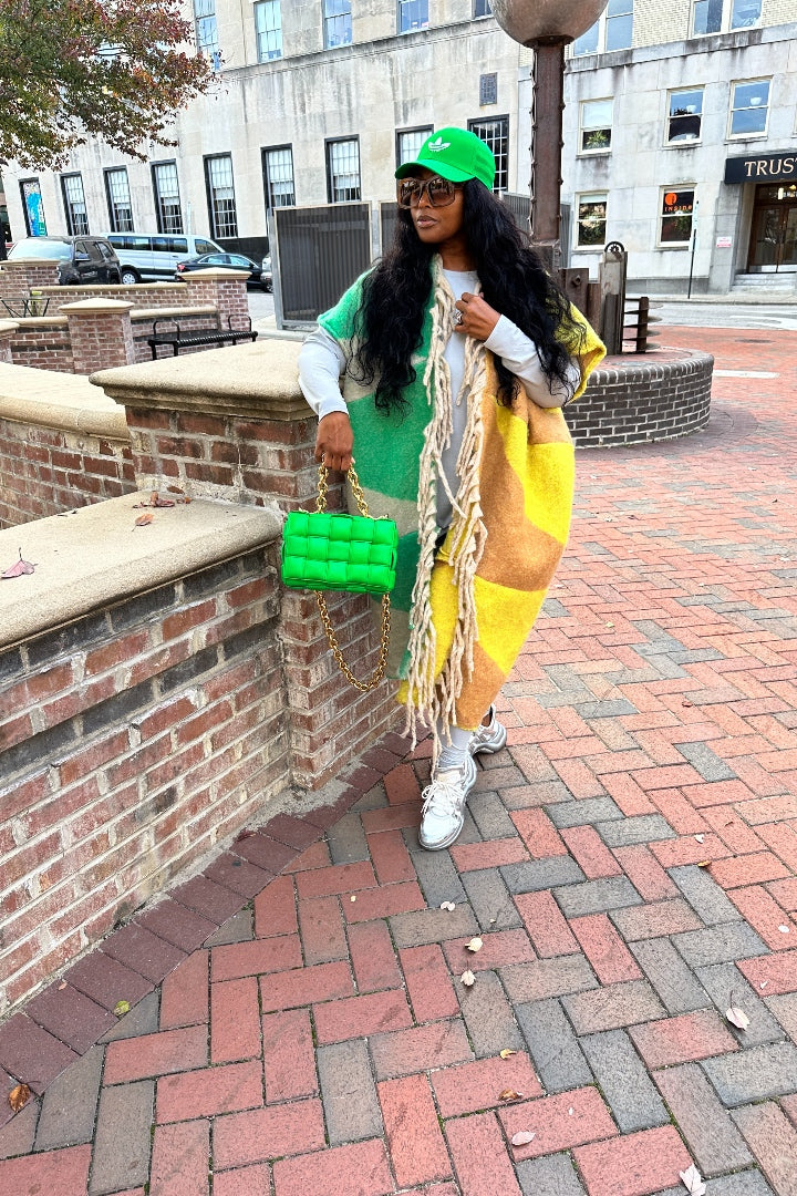 RESTOCKED Rich Auntie Mixed Print Winter Open Front Corded Kimono -Green Yellow and Tan Blend