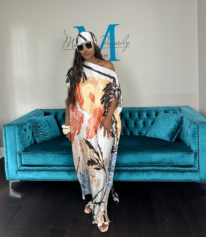 Vacation Vibes Kaftan Maxi Dress with Matching Scarf -  Cream Orange Light Blue Tan Brown Blend Ships 6/12