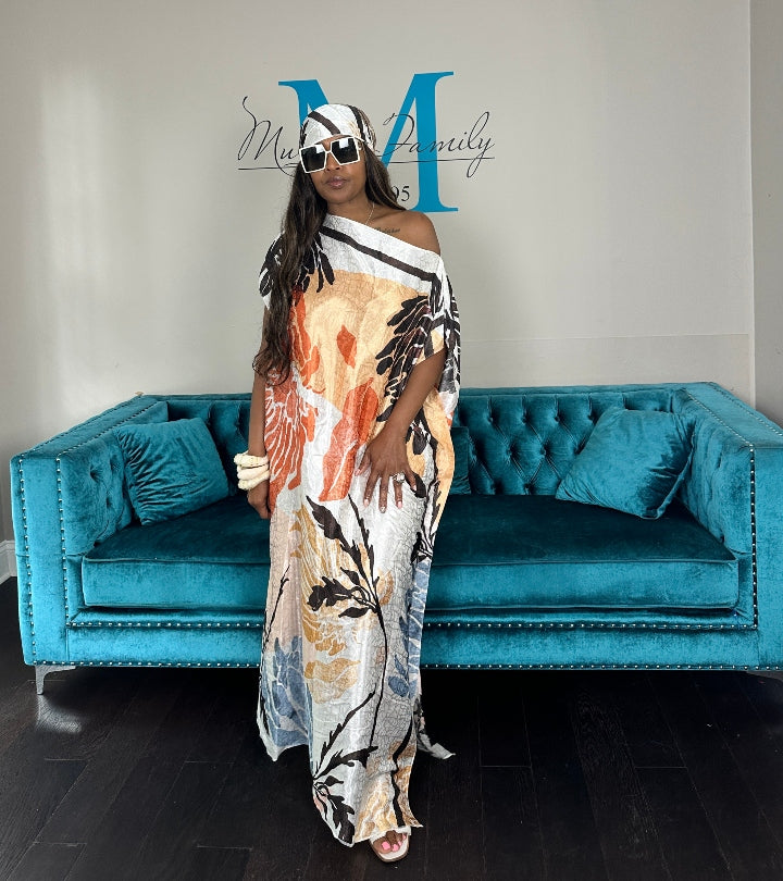 Vacation Vibes Kaftan Maxi Dress with Matching Scarf -  Cream Orange Light Blue Tan Brown Blend Ships 6/12