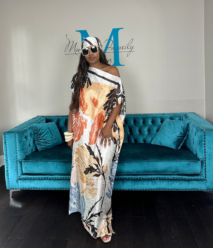 Vacation Vibes Kaftan Maxi Dress with Matching Scarf -  Cream Orange Light Blue Tan Brown Blend Ships 6/12