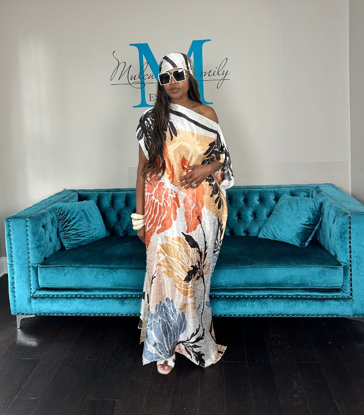 Vacation Vibes Kaftan Maxi Dress with Matching Scarf -  Cream Orange Light Blue Tan Brown Blend Ships 6/12