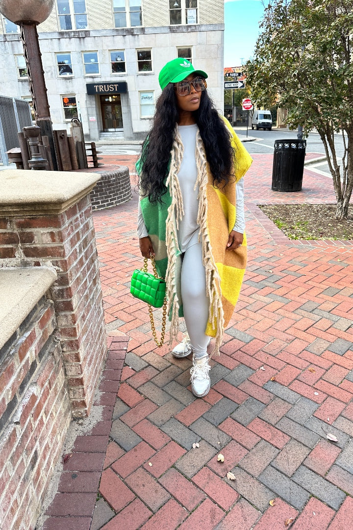 RESTOCKED Rich Auntie Mixed Print Winter Open Front Corded Kimono -Green Yellow and Tan Blend