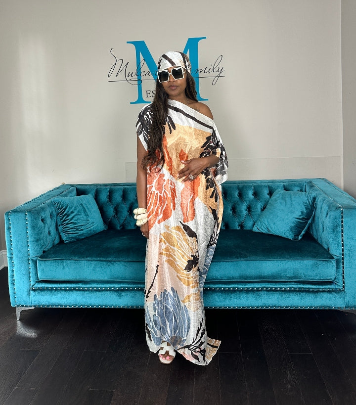 Vacation Vibes Kaftan Maxi Dress with Matching Scarf -  Cream Orange Light Blue Tan Brown Blend Ships 6/12