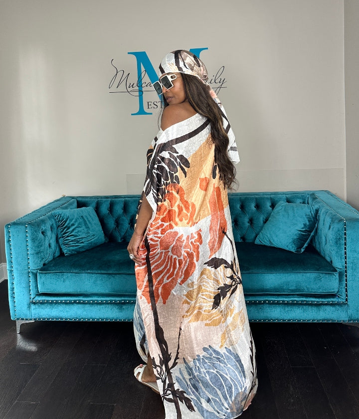 Vacation Vibes Kaftan Maxi Dress with Matching Scarf -  Cream Orange Light Blue Tan Brown Blend Ships 6/12