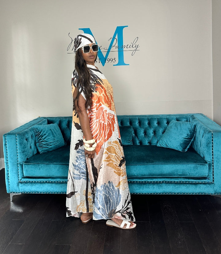 Vacation Vibes Kaftan Maxi Dress with Matching Scarf -  Cream Orange Light Blue Tan Brown Blend Ships 6/12