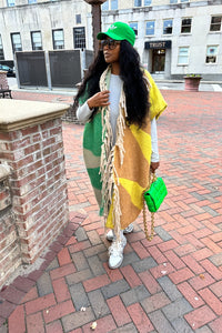 RESTOCKED Rich Auntie Mixed Print Winter Open Front Corded Kimono -Green Yellow and Tan Blend
