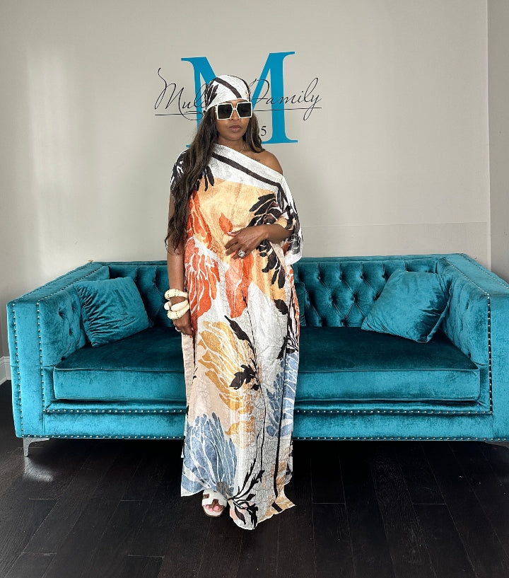 Vacation Vibes Kaftan Maxi Dress with Matching Scarf -  Cream Orange Light Blue Tan Brown Blend Ships 6/12