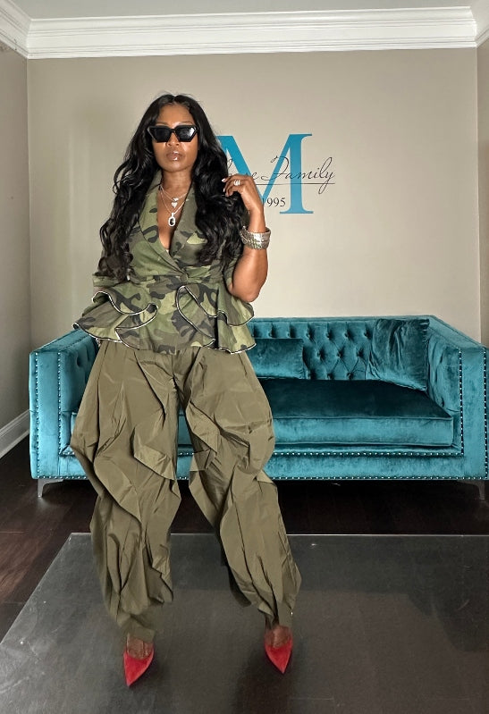 Camo Stretch  Peplum Zipper Tiered Jacket