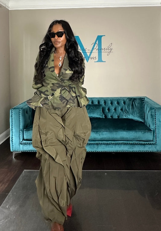 Camo Stretch  Peplum Zipper Tiered Jacket