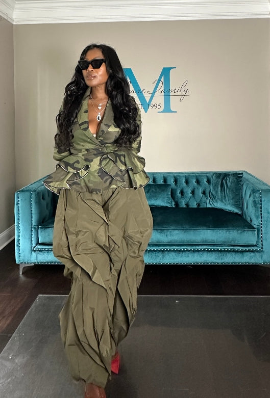 Camo Stretch  Peplum Zipper Tiered Jacket