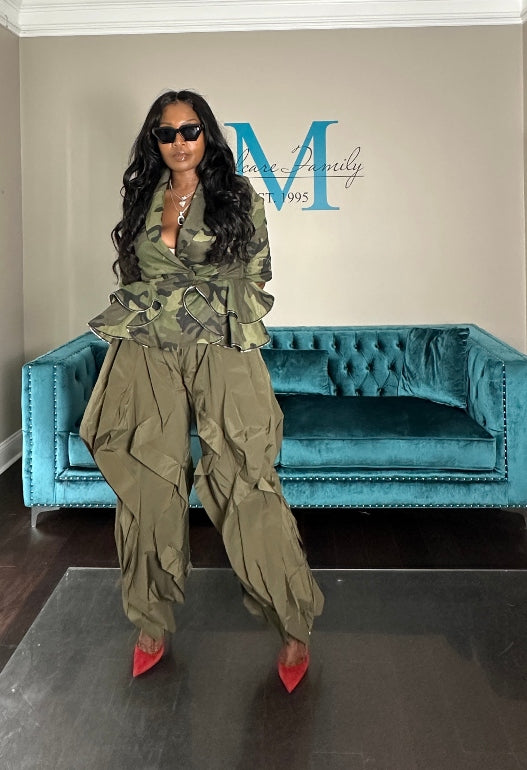 Camo Stretch  Peplum Zipper Tiered Jacket