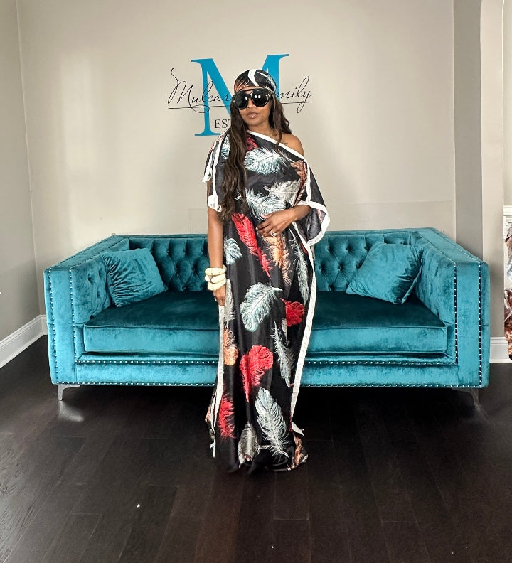 Vacation Vibes Kaftan Maxi Dress with Matching Scarf - Black Red Tan Light Blue Blend Ships 6/12