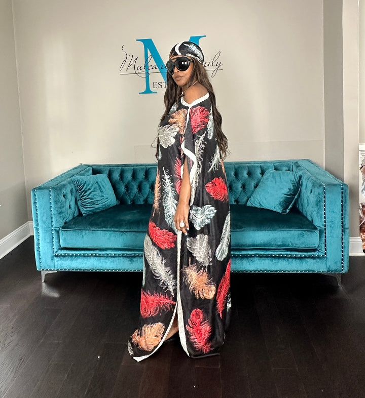 Vacation Vibes Kaftan Maxi Dress with Matching Scarf - Black Red Tan Light Blue Blend Ships 6/12