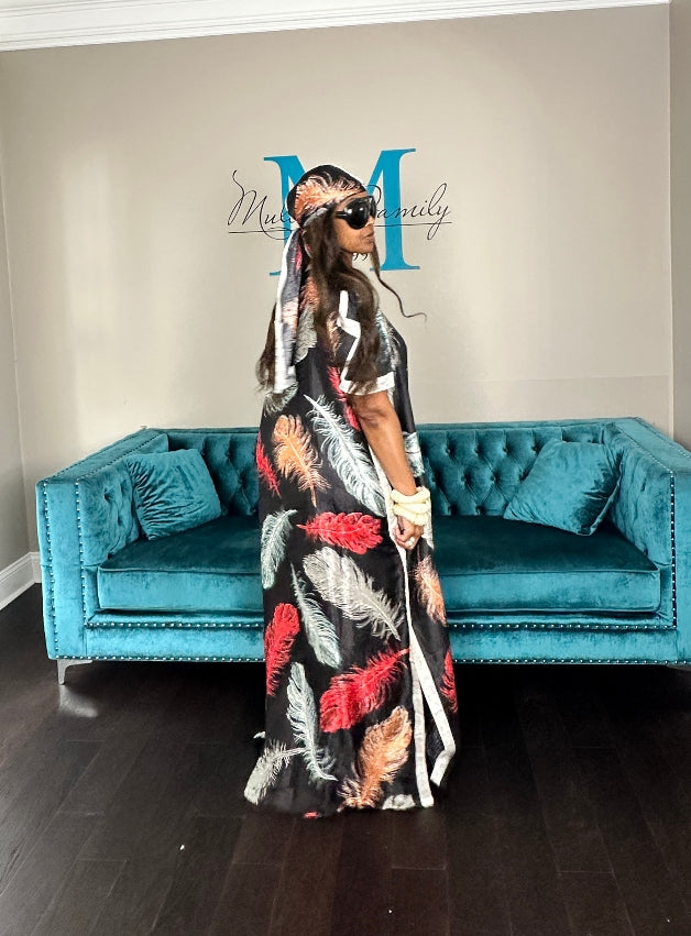 Vacation Vibes Kaftan Maxi Dress with Matching Scarf - Black Red Tan Light Blue Blend Ships 6/12
