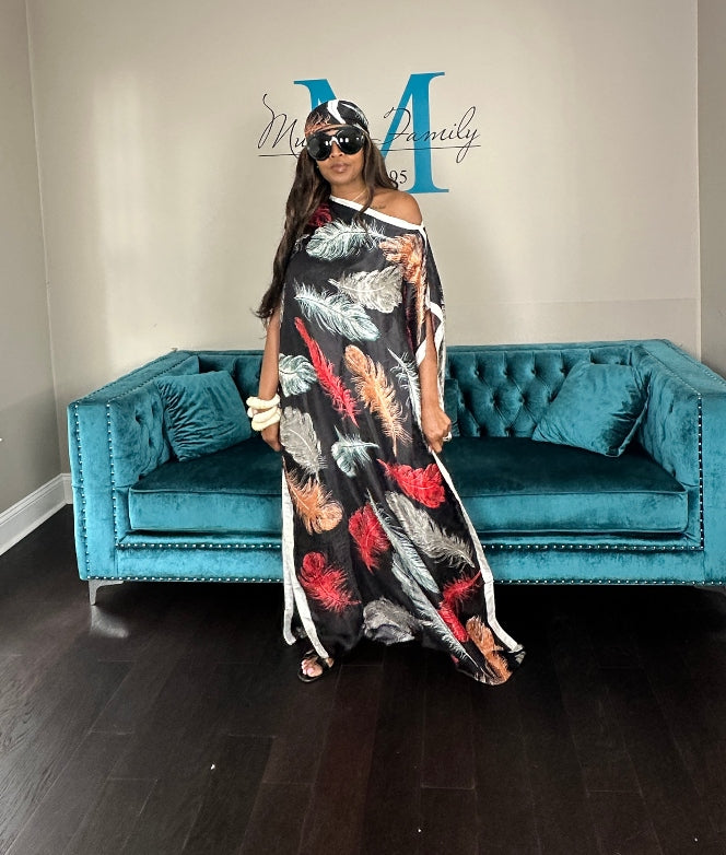 Vacation Vibes Kaftan Maxi Dress with Matching Scarf - Black Red Tan Light Blue Blend Ships 6/12