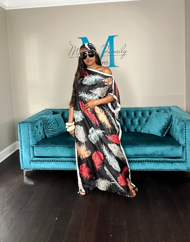 Vacation Vibes Kaftan Maxi Dress with Matching Scarf - Black Red Tan Light Blue Blend Ships 6/12