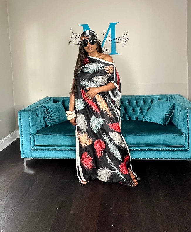 Vacation Vibes Kaftan Maxi Dress with Matching Scarf - Black Red Tan Light Blue Blend Ships 6/12