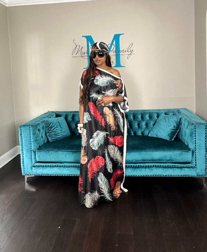Vacation Vibes Kaftan Maxi Dress with Matching Scarf - Black Red Tan Light Blue Blend Ships 6/12