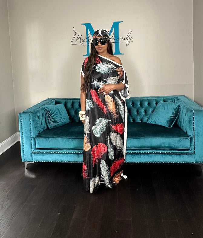 Vacation Vibes Kaftan Maxi Dress with Matching Scarf - Black Red Tan Light Blue Blend Ships 6/12