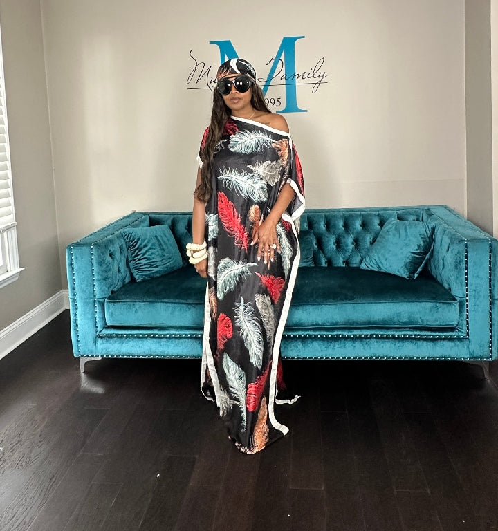 Vacation Vibes Kaftan Maxi Dress with Matching Scarf - Black Red Tan Light Blue Blend Ships 6/12