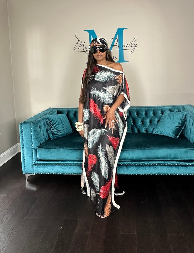 Vacation Vibes Kaftan Maxi Dress with Matching Scarf - Black Red Tan Light Blue Blend Ships 6/12