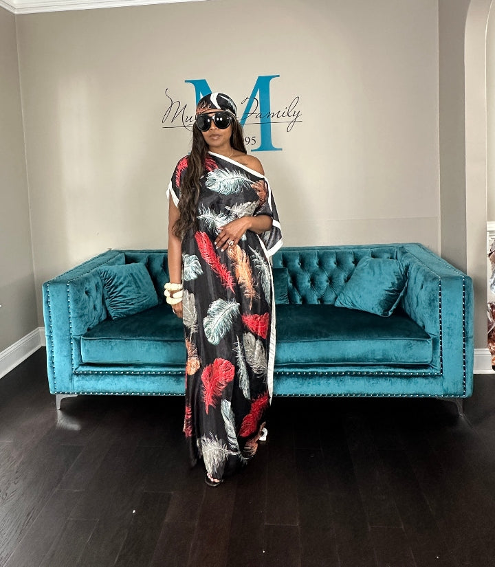Vacation Vibes Kaftan Maxi Dress with Matching Scarf - Black Red Tan Light Blue Blend Ships 6/12