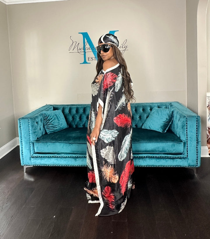 Vacation Vibes Kaftan Maxi Dress with Matching Scarf - Black Red Tan Light Blue Blend Ships 6/12