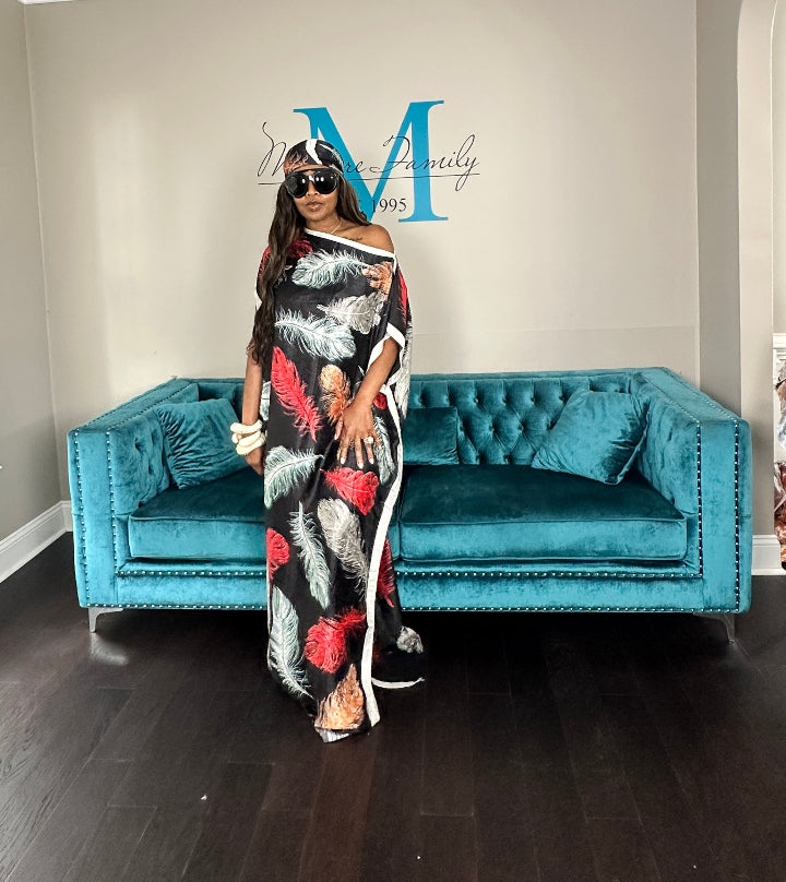 Vacation Vibes Kaftan Maxi Dress with Matching Scarf - Black Red Tan Light Blue Blend Ships 6/12