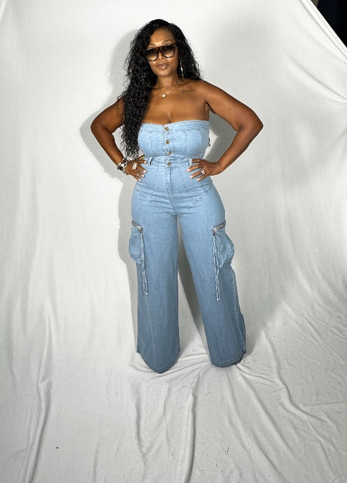 Grown Woman Strapless Button Front Cargo Jumpsuit