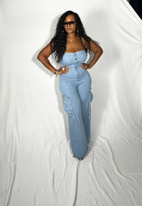 Grown Woman Strapless Button Front Cargo Jumpsuit