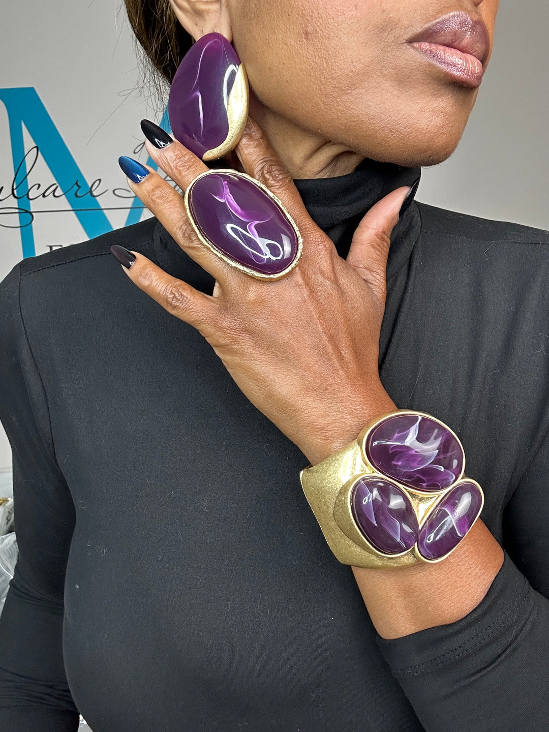 Oversized Bold Round Gold Trim Stud  Earrings - Purple
