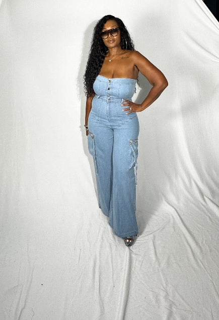 Grown Woman Strapless Button Front Cargo Jumpsuit