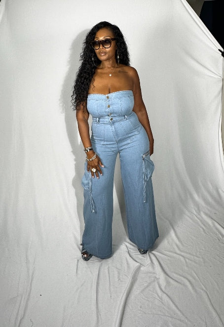 Grown Woman Strapless Button Front Cargo Jumpsuit