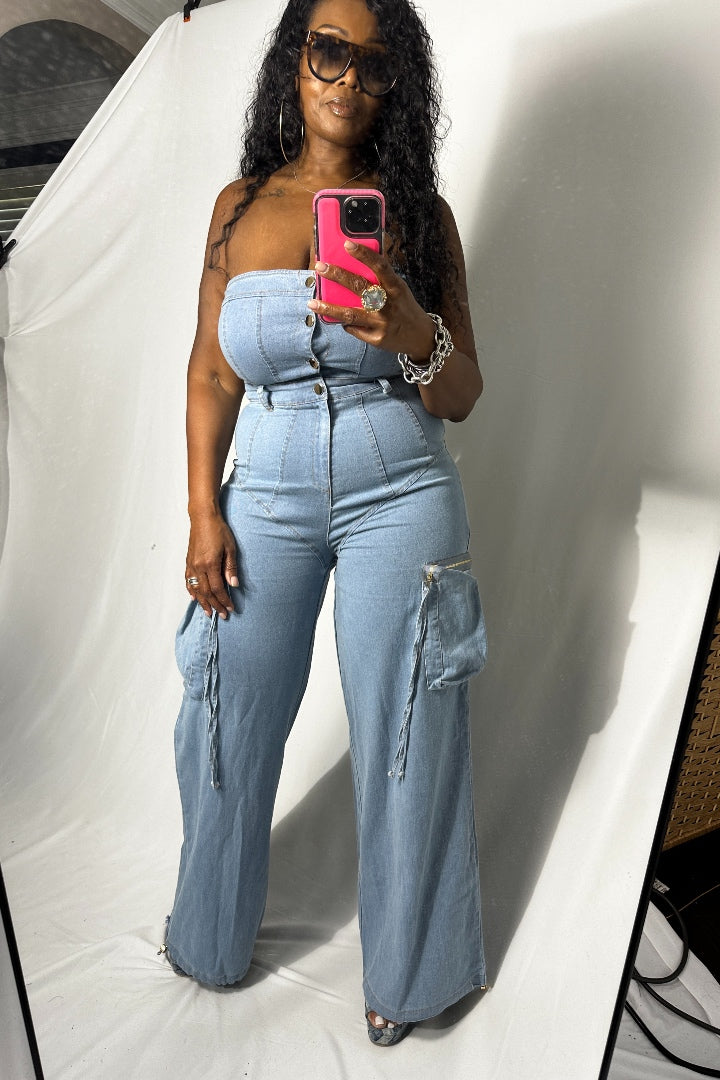 Grown Woman Strapless Button Front Cargo Jumpsuit