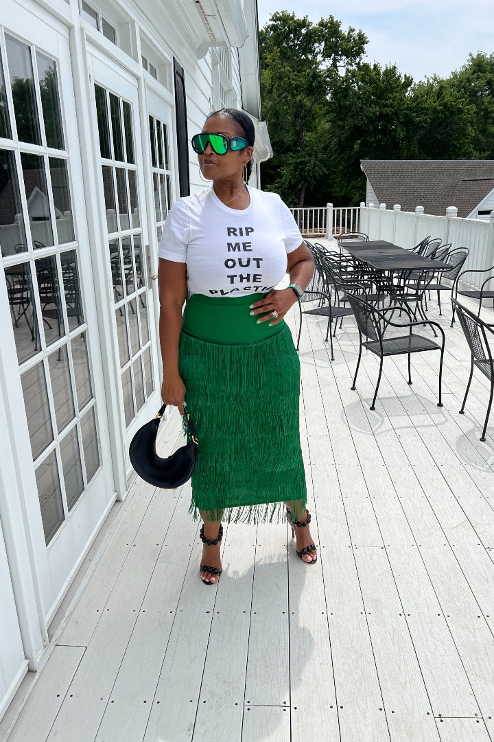 Kelly Green fringe skirt